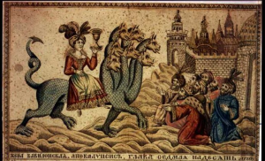 "Whore of Babylon & the Seven-headed Beast, " 19th century Russian engraving